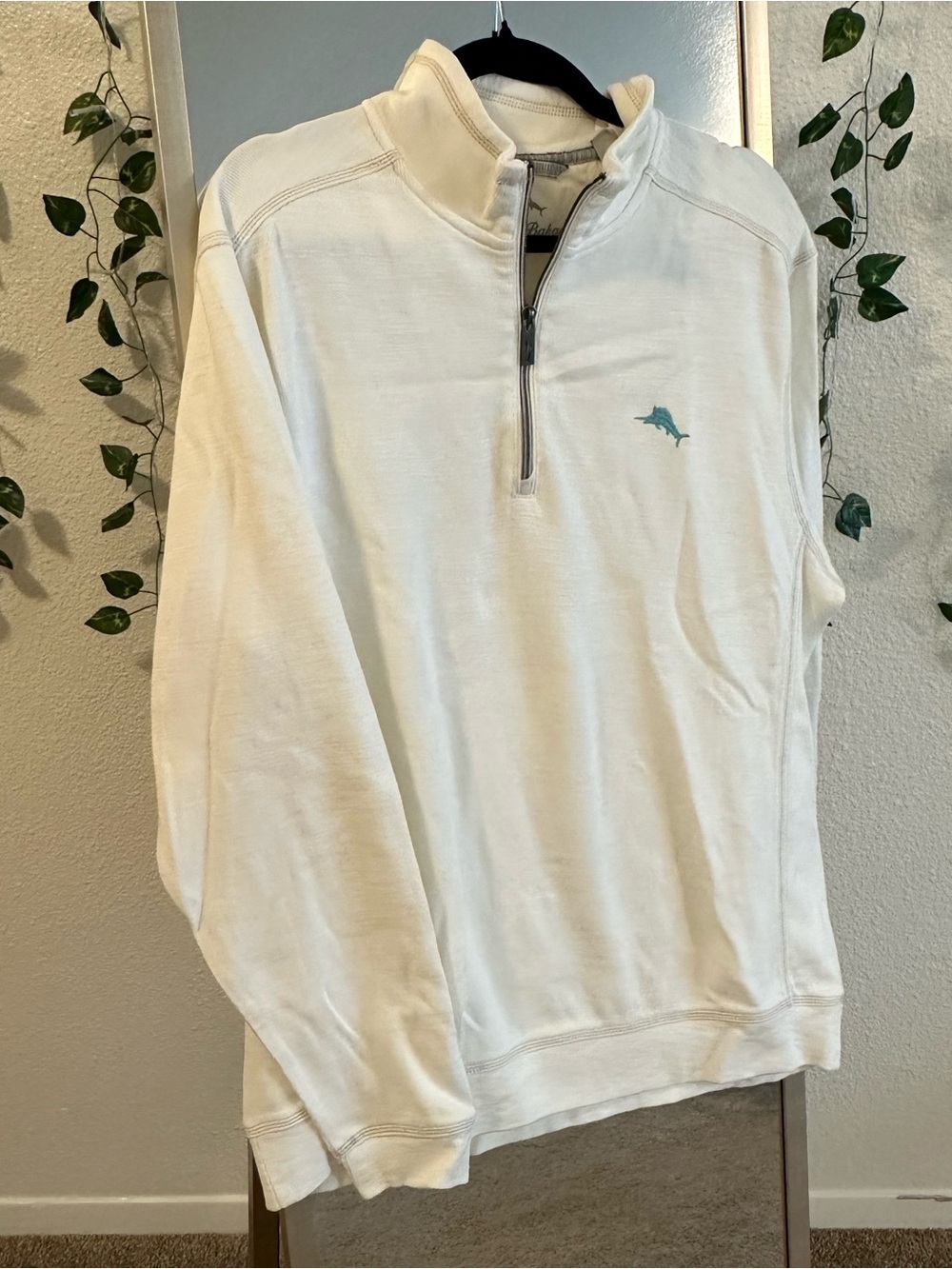 Tommy Bahama White Quarter-Zip Pullover with Teal Dolphin Logo